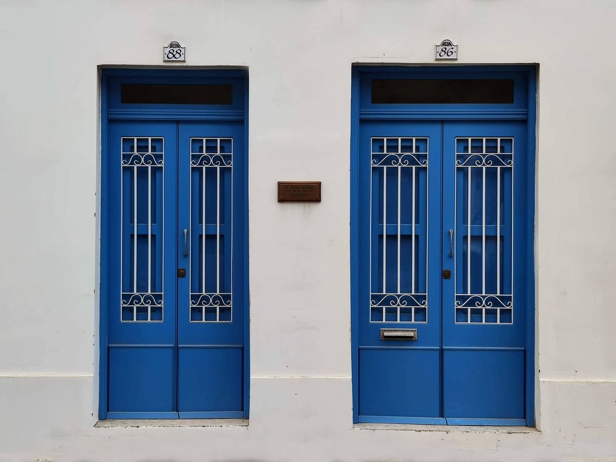 Blue painted doors with decorative metal grills on a white facade