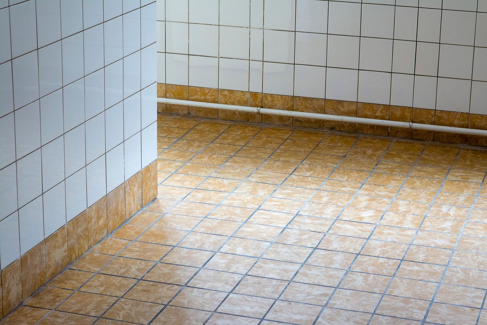Bathroom with white wall tiles and warm-toned mosaic floor tiles