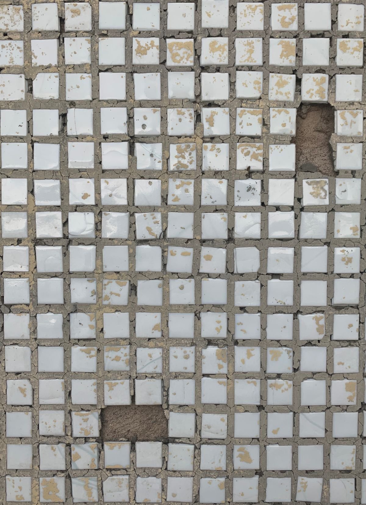 Worn mosaic tile pattern with several pieces missing