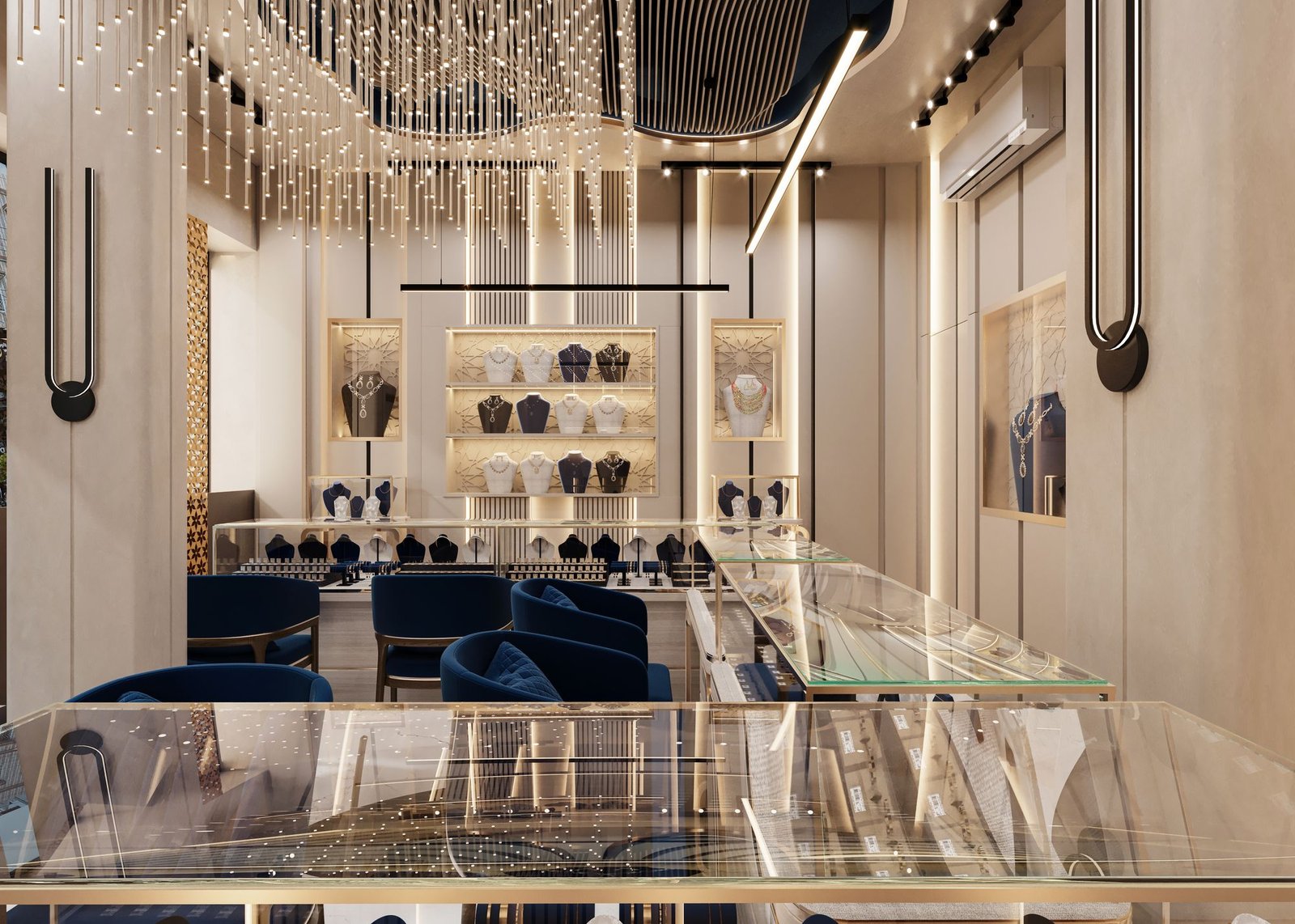 Luxury jewellery store interior with glass display counters, blue seating, and feature lighting