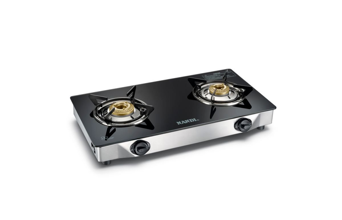 Double burner gas cooking range with glass top