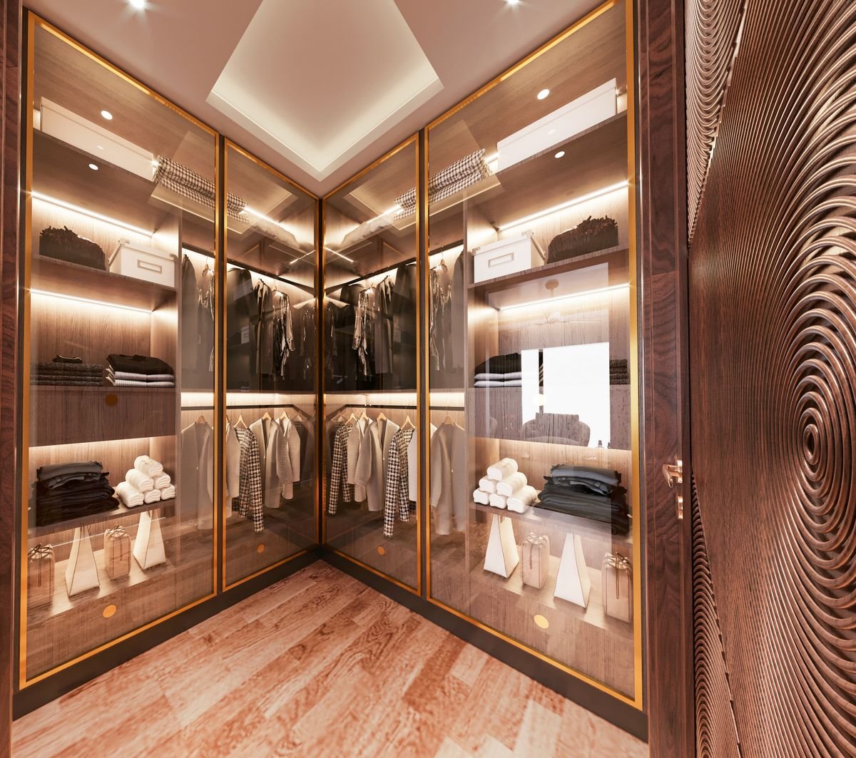 Elegant walk-in closet with glass doors and organized fashion storage