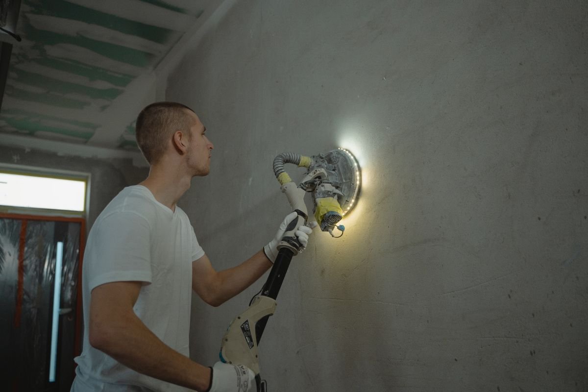 Technician using a power sander to smooth a wall during repair