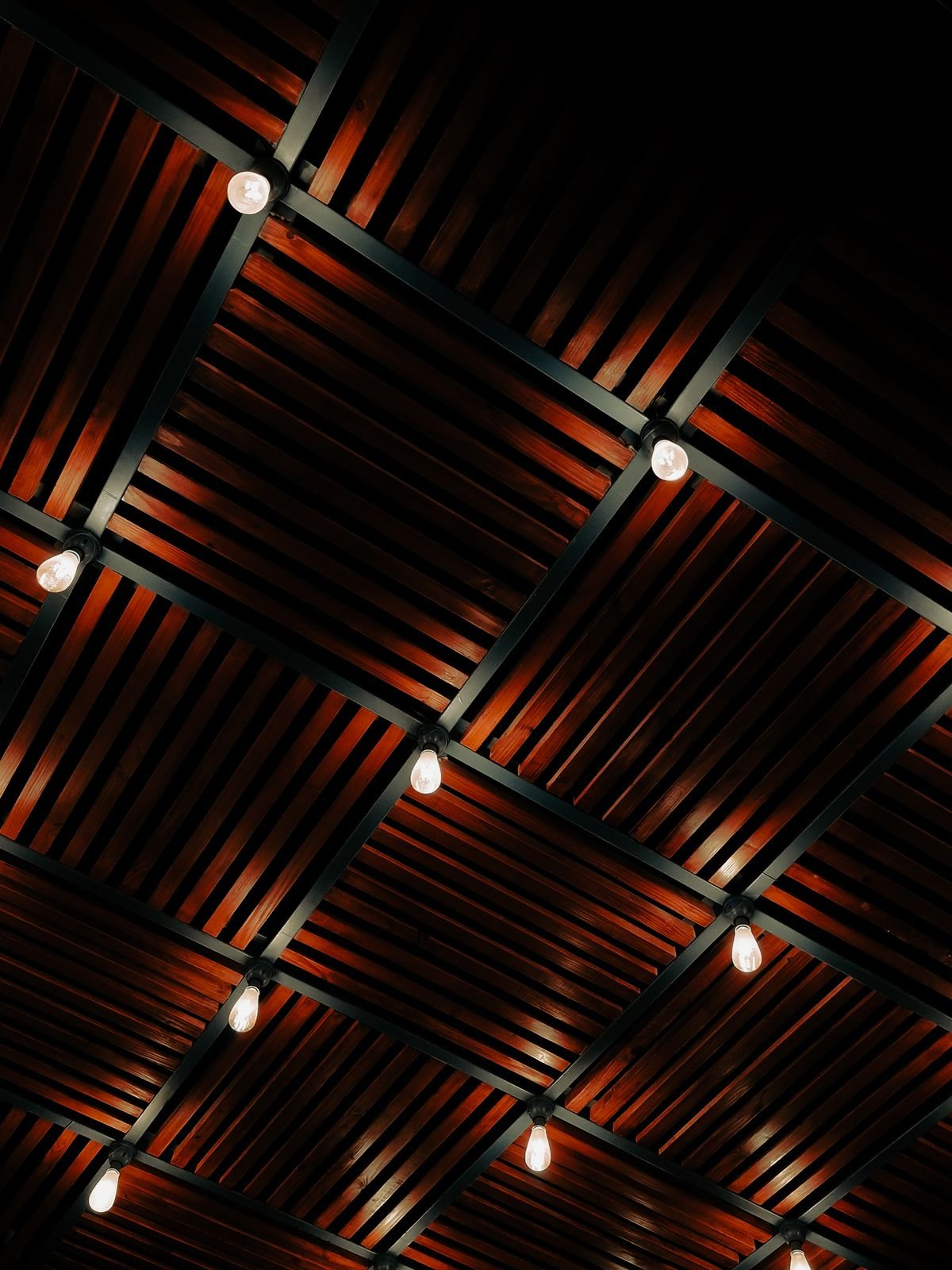 Timber-slat grid ceiling with spotlights in a dark interior