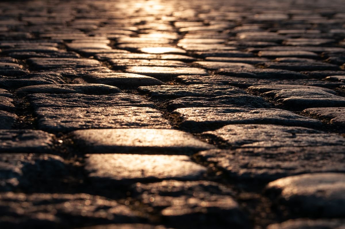Close-up of old cobblestone setts catching low sunlight