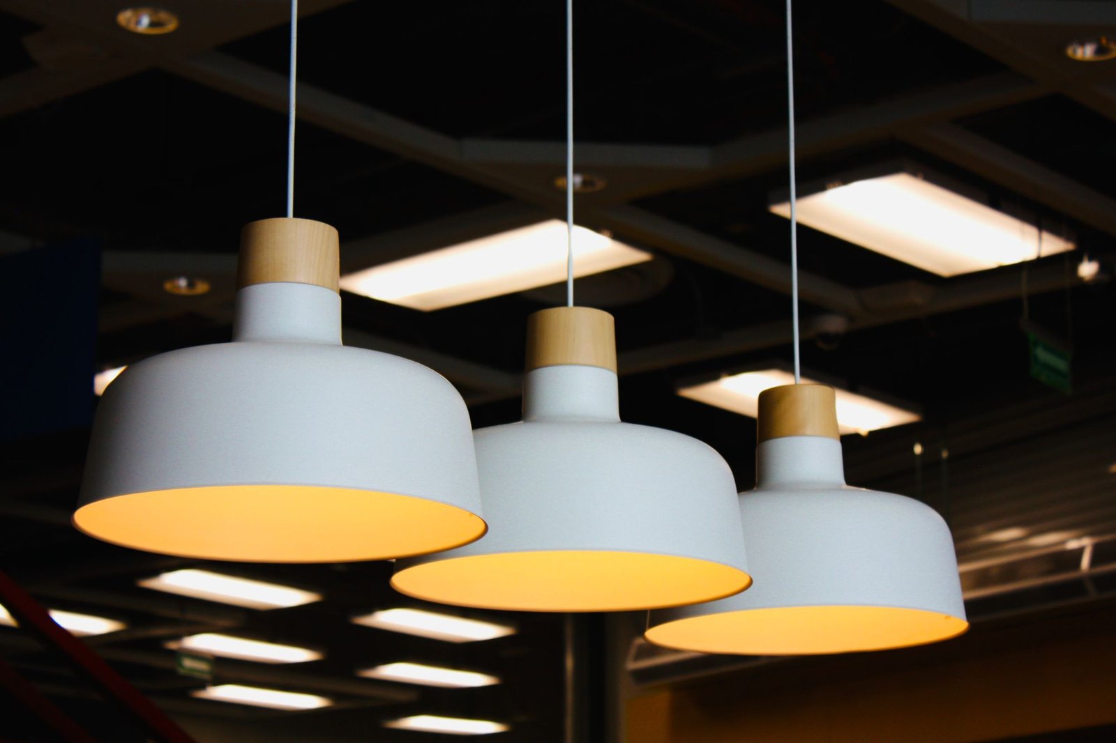 Contemporary pendant lights hanging in a modern interior ceiling