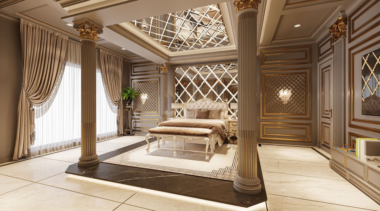 Luxury bedroom with columns, mirrored ceiling panels, drapes, and gold accents