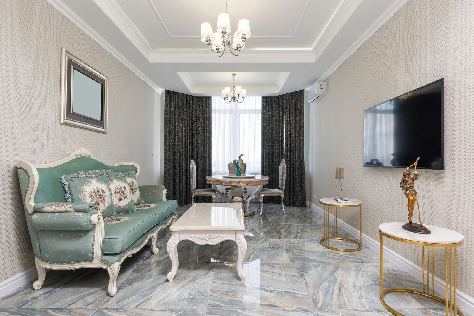 Gleaming polished marble floor in a well-appointed living room