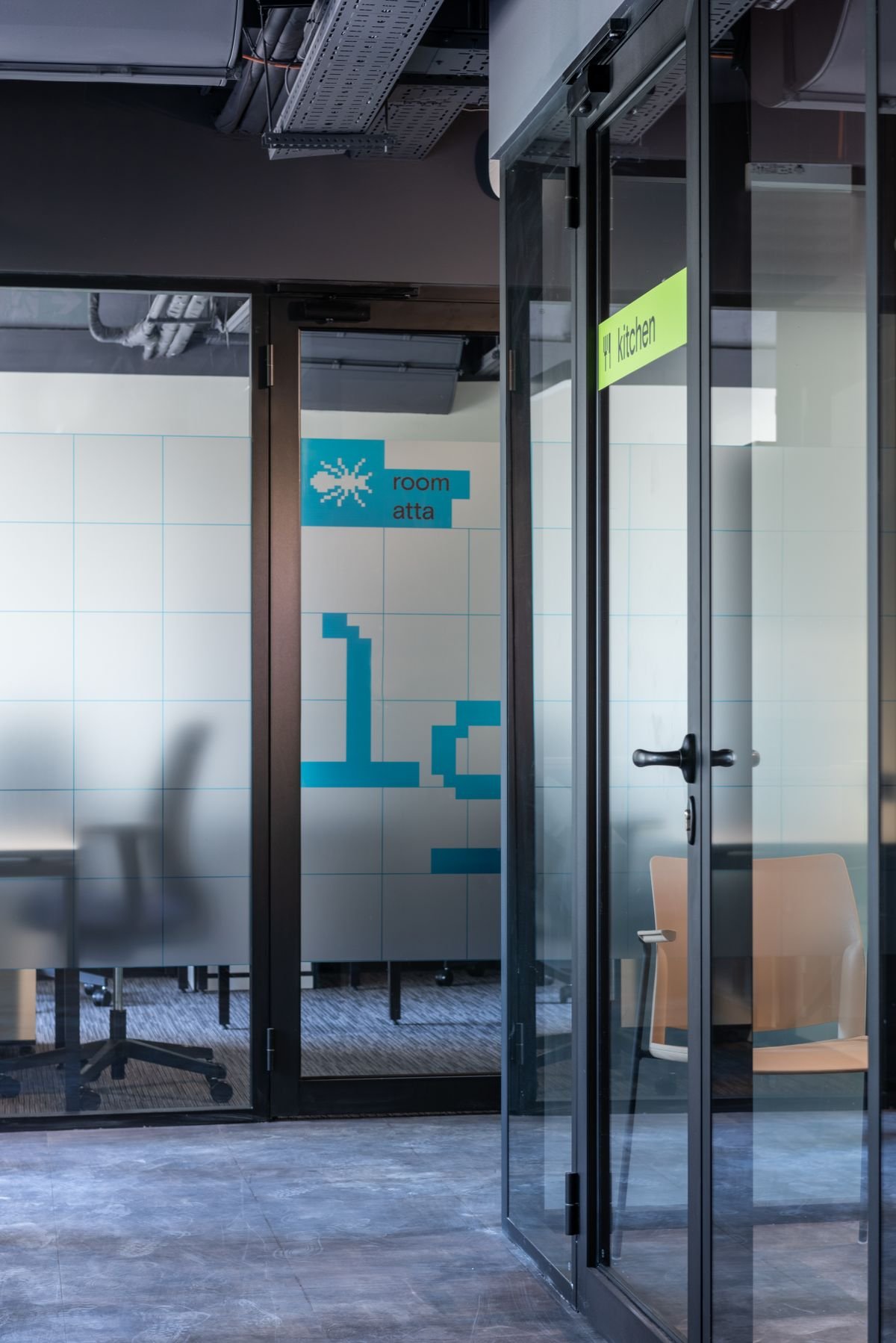 Hall of office center with glass walls and open layout