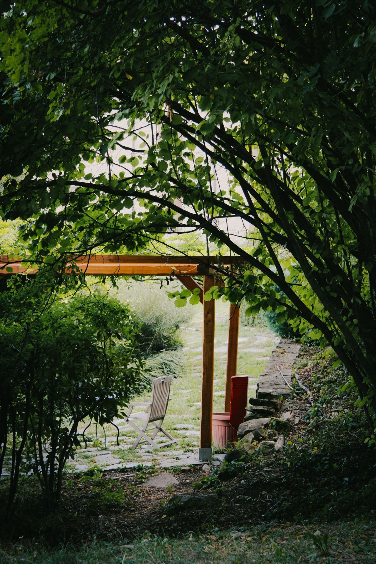 Charming outdoor seating with pergola in a lush garden setting