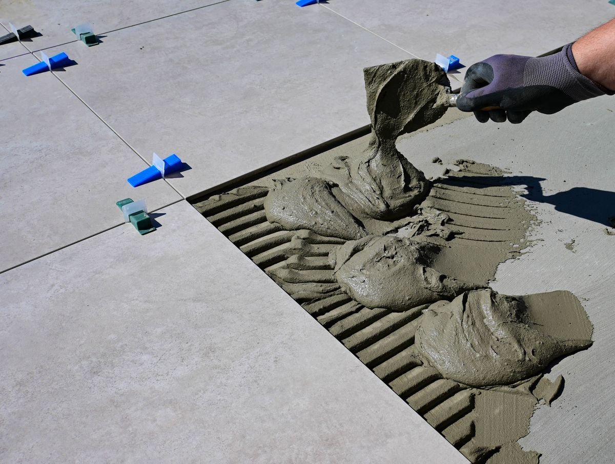 Mounded tile adhesive and levelling clips beside a freshly laid tile