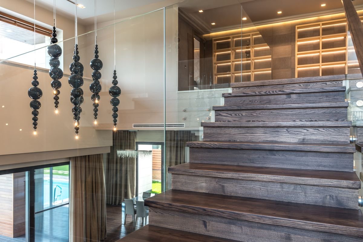 Feature timber staircase with decorative pendant lights
