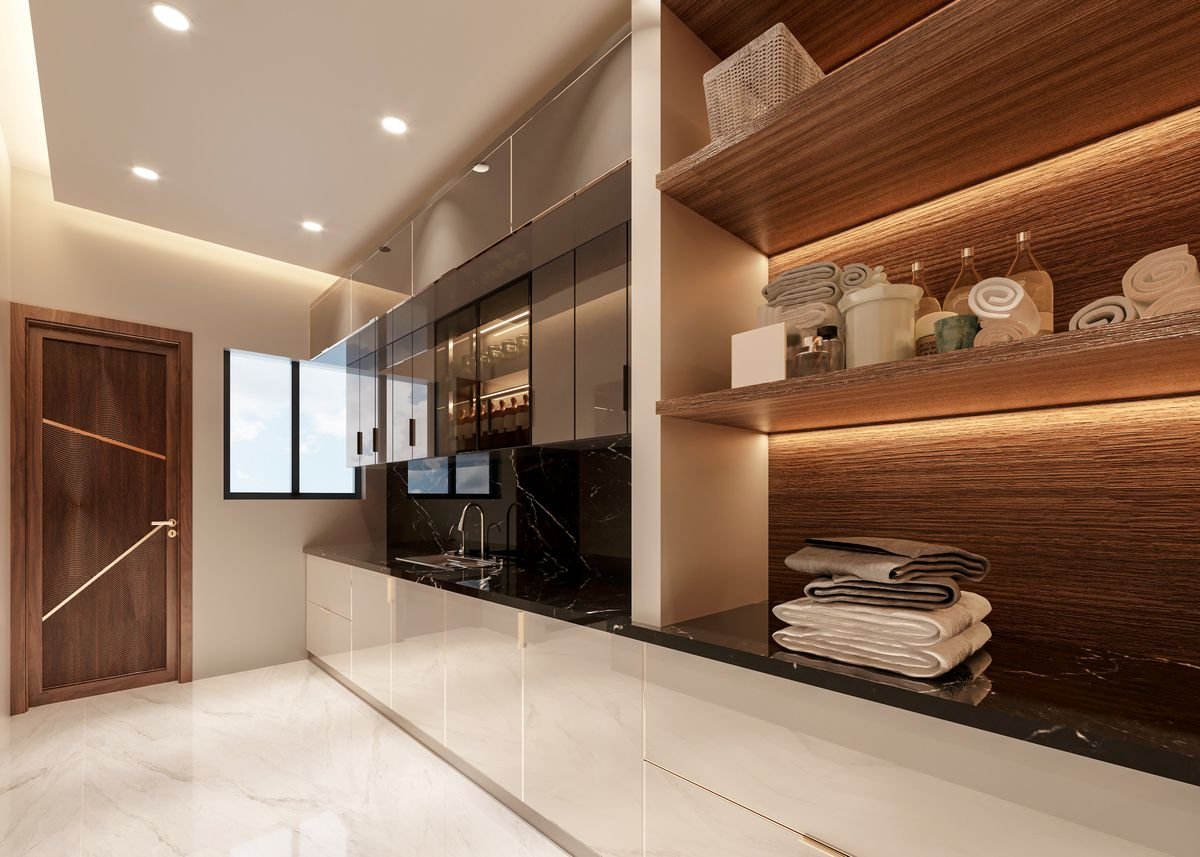 Modern villa kitchen with glossy white units, wood detailing, and natural light