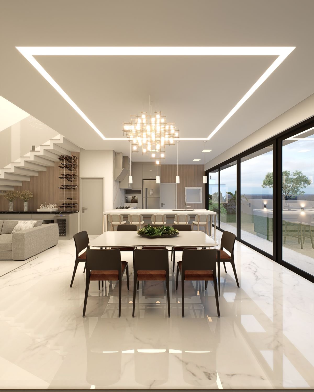 Open-plan living and dining area with white marble floors and a glazed wall