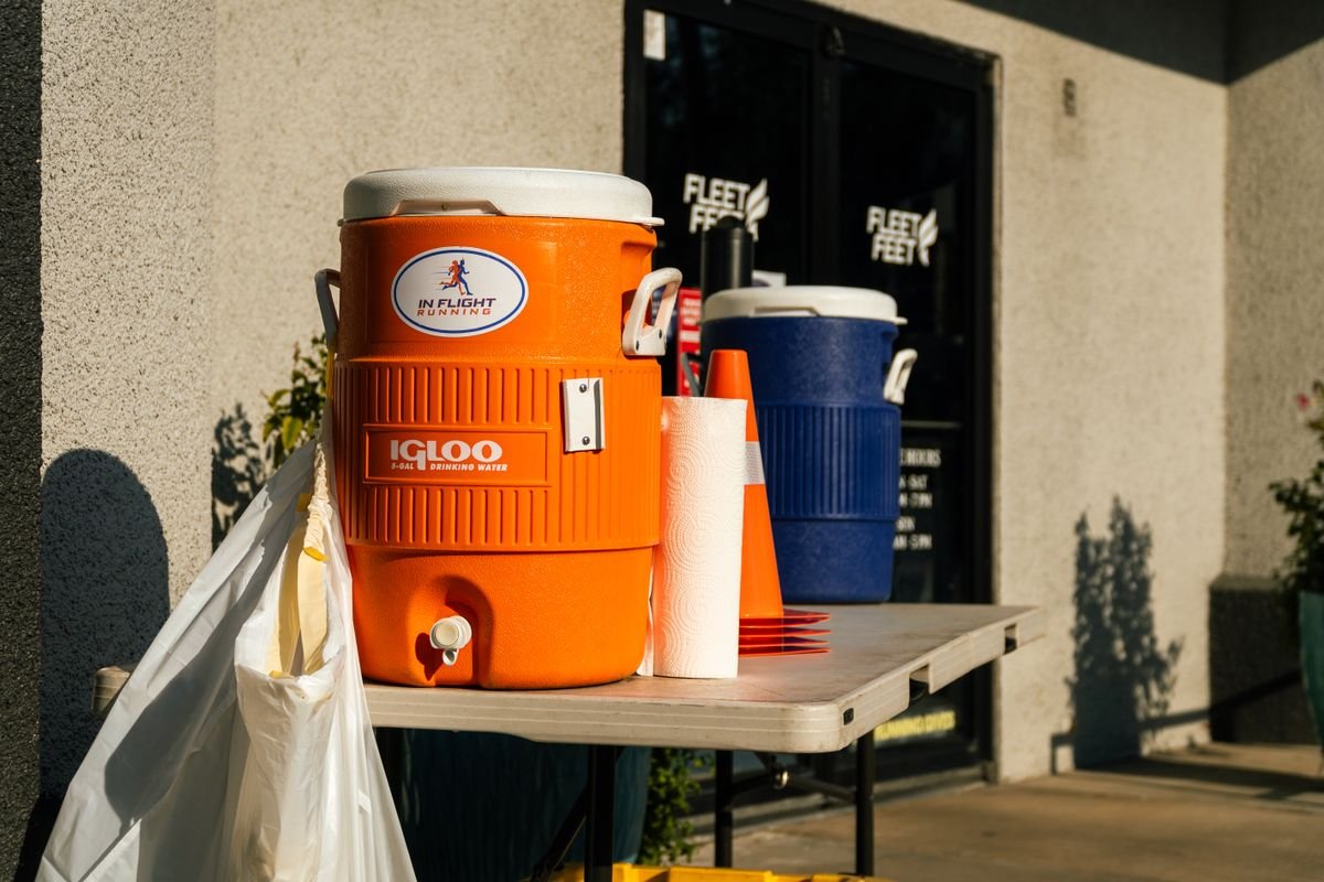 Freestanding water coolers at a store