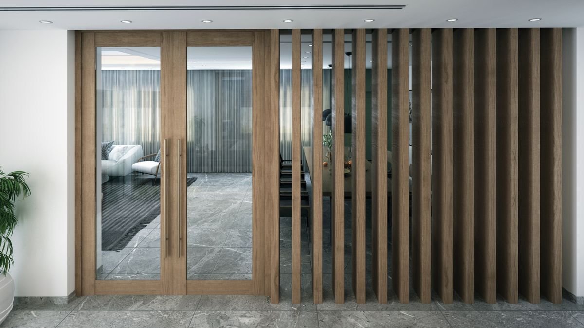 Modern glass door with a wooden frame and decorative vertical slats